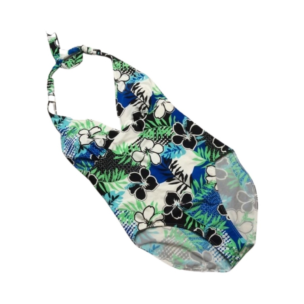 Caribbean Sand One Piece Halter Swimsuit Size 12 Hibiscus Multicolor Print NWT